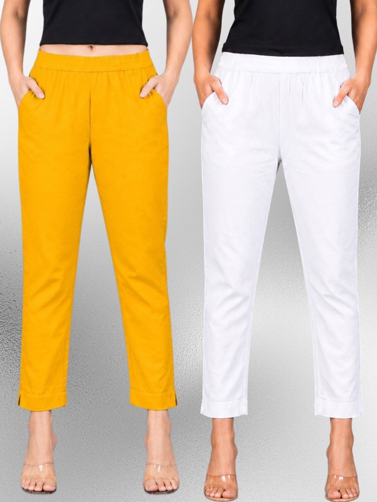 Mustard & White Regular Fit Elastic Cotton Trouser Combo