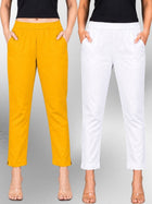 Mustard & White Regular Fit Elastic Cotton Trouser Combo