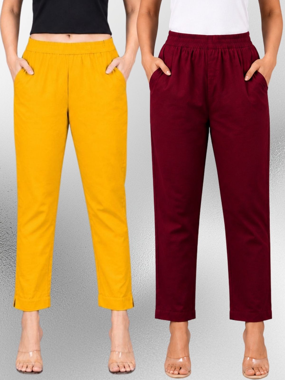 Mustard & Wine Regular Fit Elastic Cotton Trouser Combo
