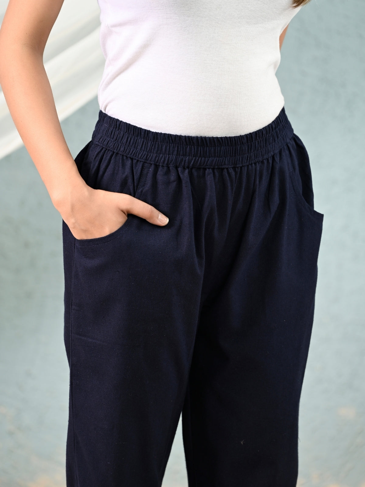 Navy Blue Regular Fit Elastic Cotton Trouser
