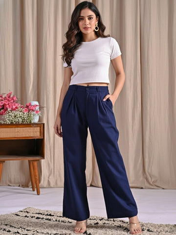 Navy Blue Cotton Wide Leg Pants