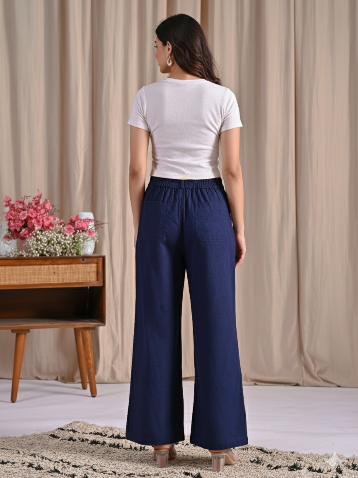 Navy Blue Cotton Wide Leg Pants