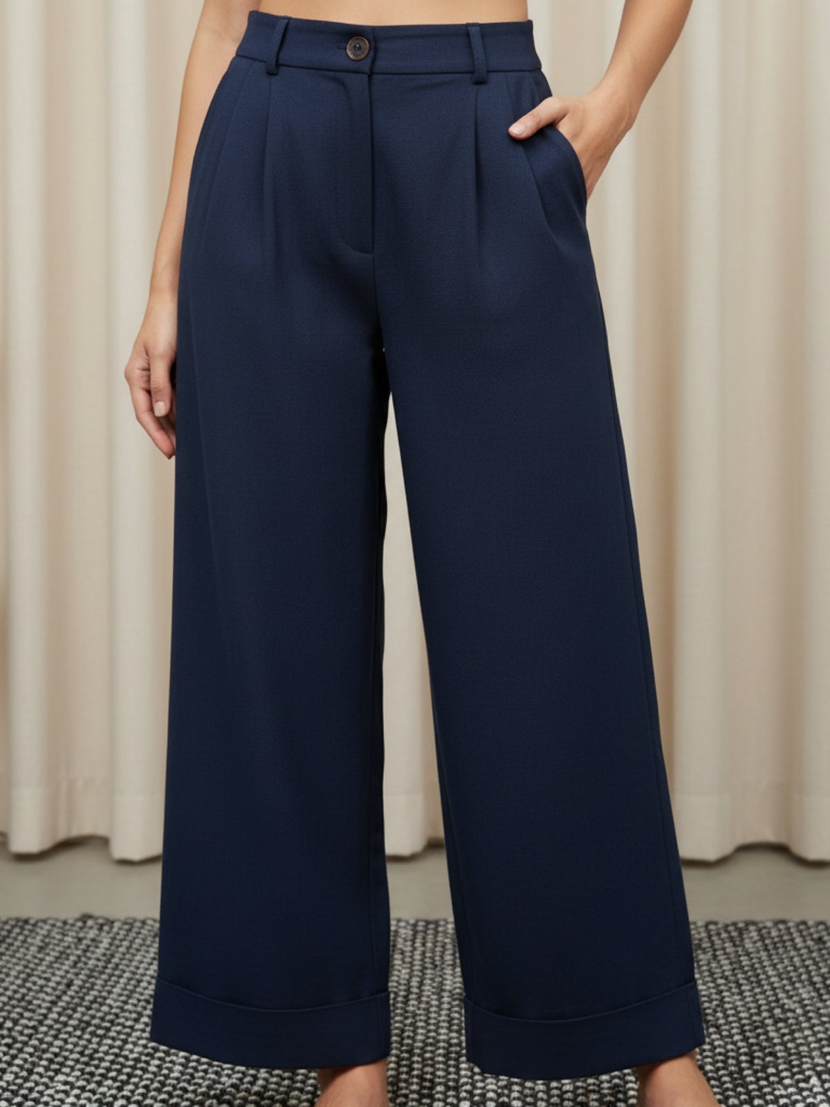 Navy Blue Cotton Wide Leg Pants
