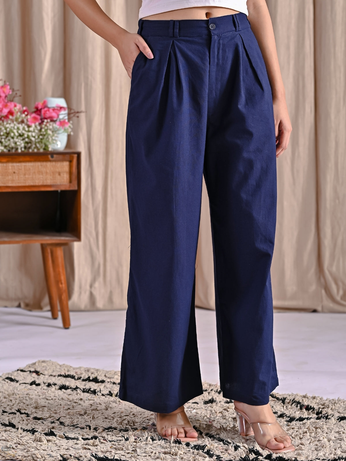 Navy Blue Cotton Wide Leg Pants