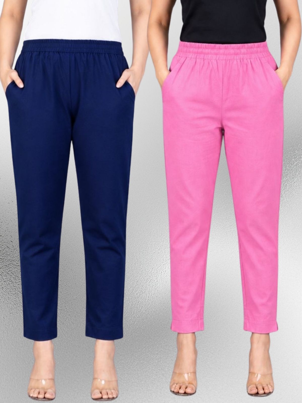 Navyblue & Pink Regular Fit Elastic Cotton Trouser Combo