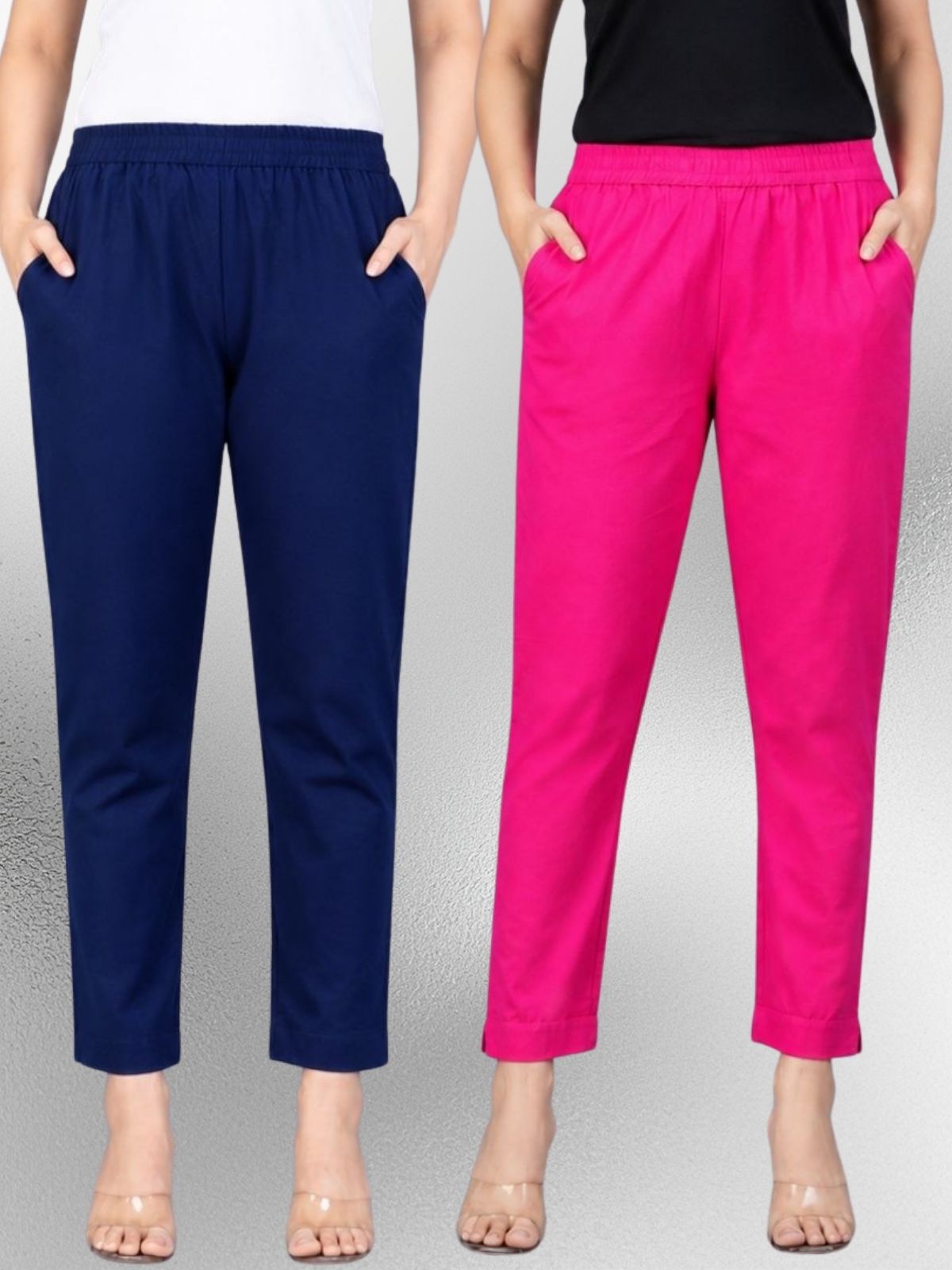 Navyblue & Rani Regular Fit Elastic Cotton Trouser Combo