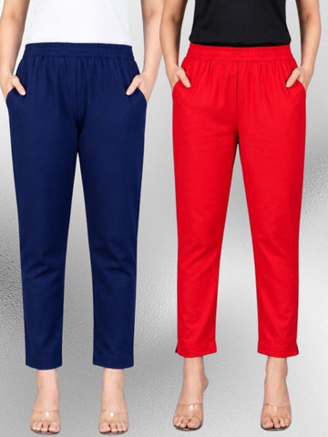 Navyblue & Red Regular Fit Elastic Cotton Trouser Combo