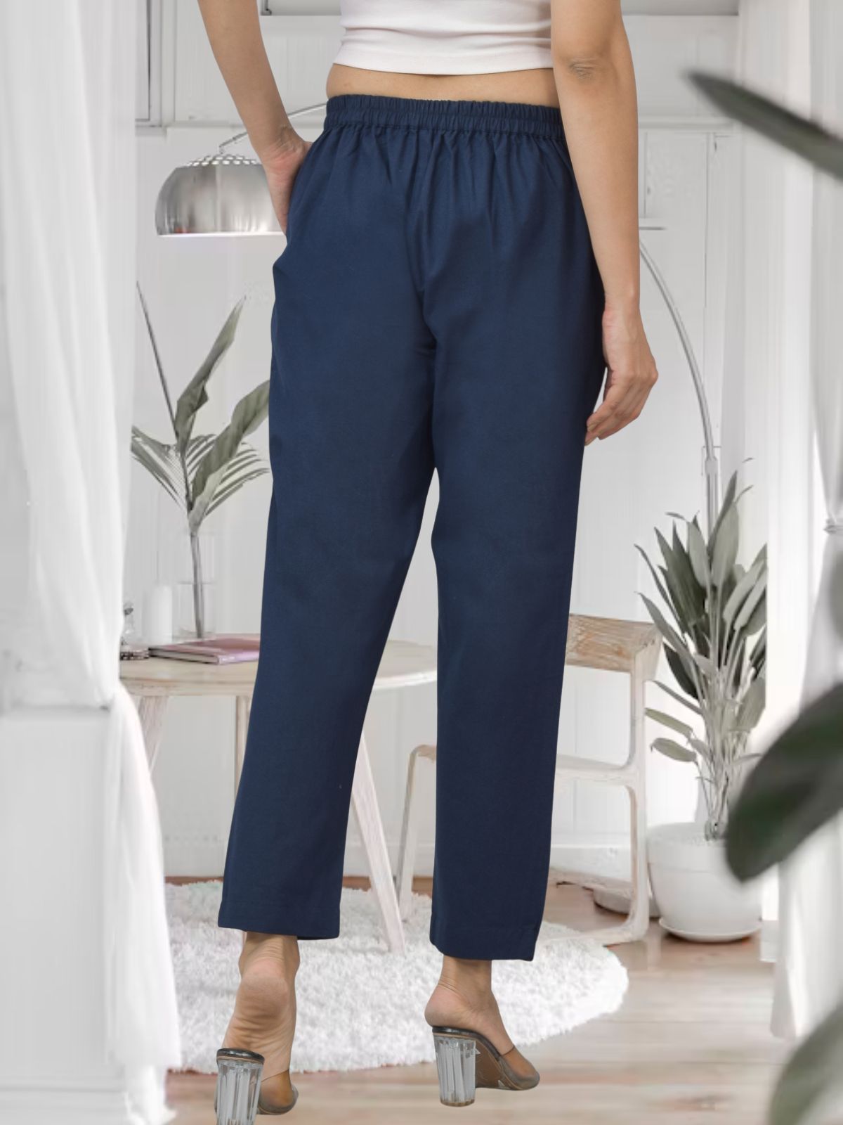 Navy Blue Half Elastic Airy Linen Cotton Pants
