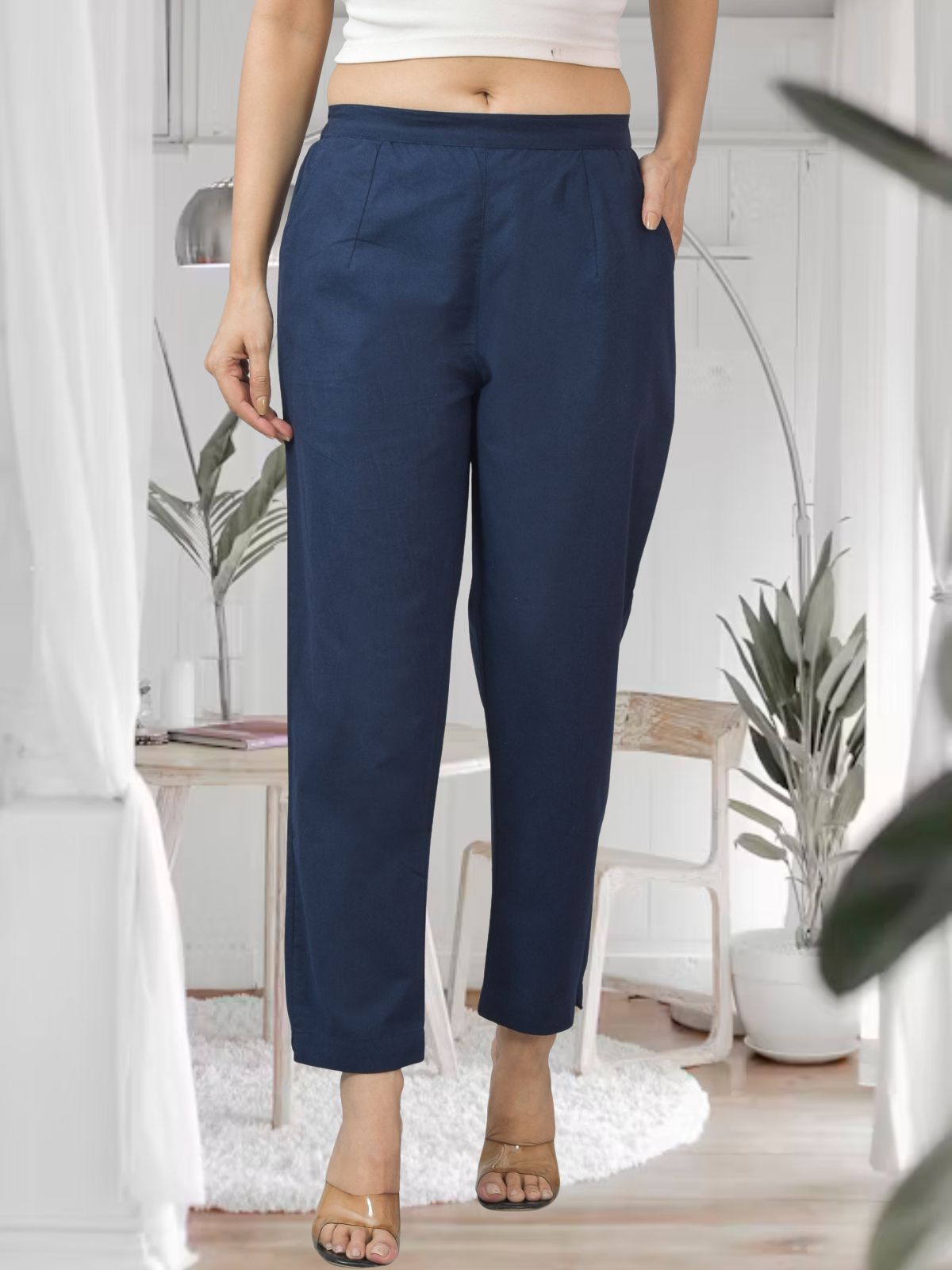 Navy Blue Half Elastic Airy Linen Cotton Pants