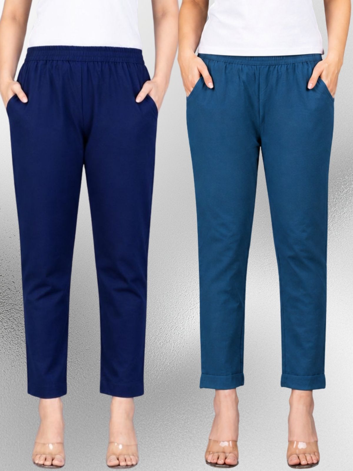 Navyblue & Tealblue Regular Fit Elastic Cotton Trouser Combo