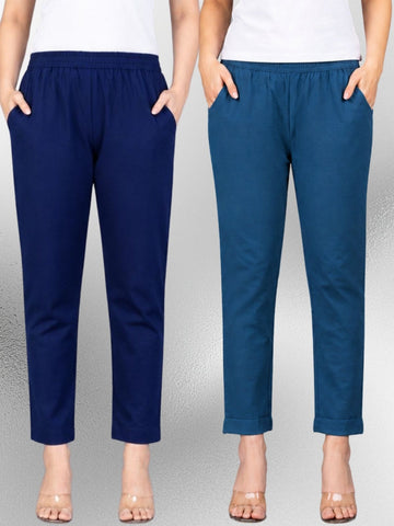 Navyblue & Tealblue Regular Fit Elastic Cotton Trouser Combo