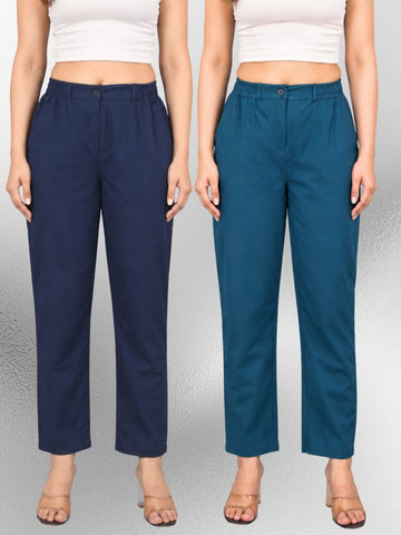 Navyblue & Tealblue-Regular Fit Cotton Formal Trouser Combo
