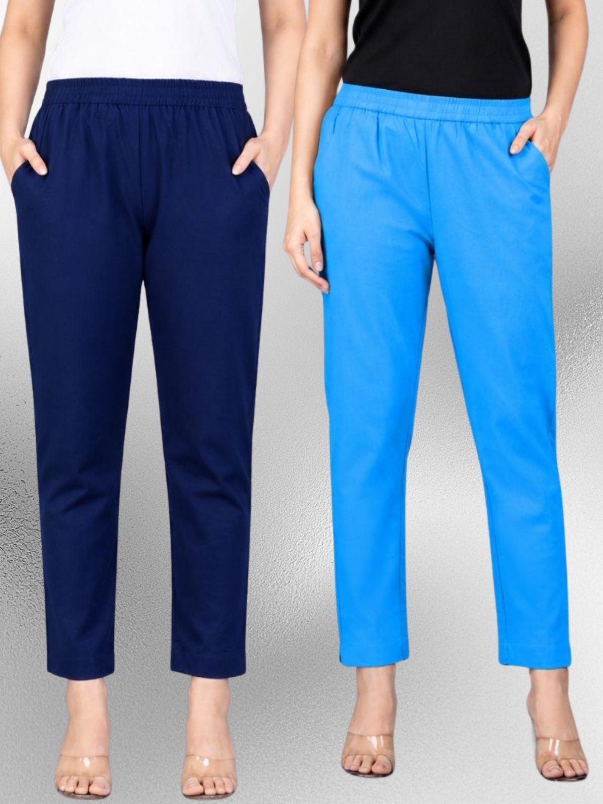 Navyblue & Turquoise Regular Fit Elastic Cotton Trouser Combo