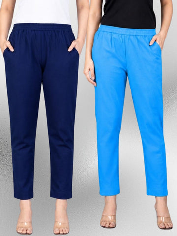 Navyblue & Turquoise Regular Fit Elastic Cotton Trouser Combo