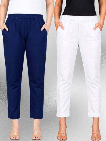 Navyblue & White Regular Fit Elastic Cotton Trouser Combo