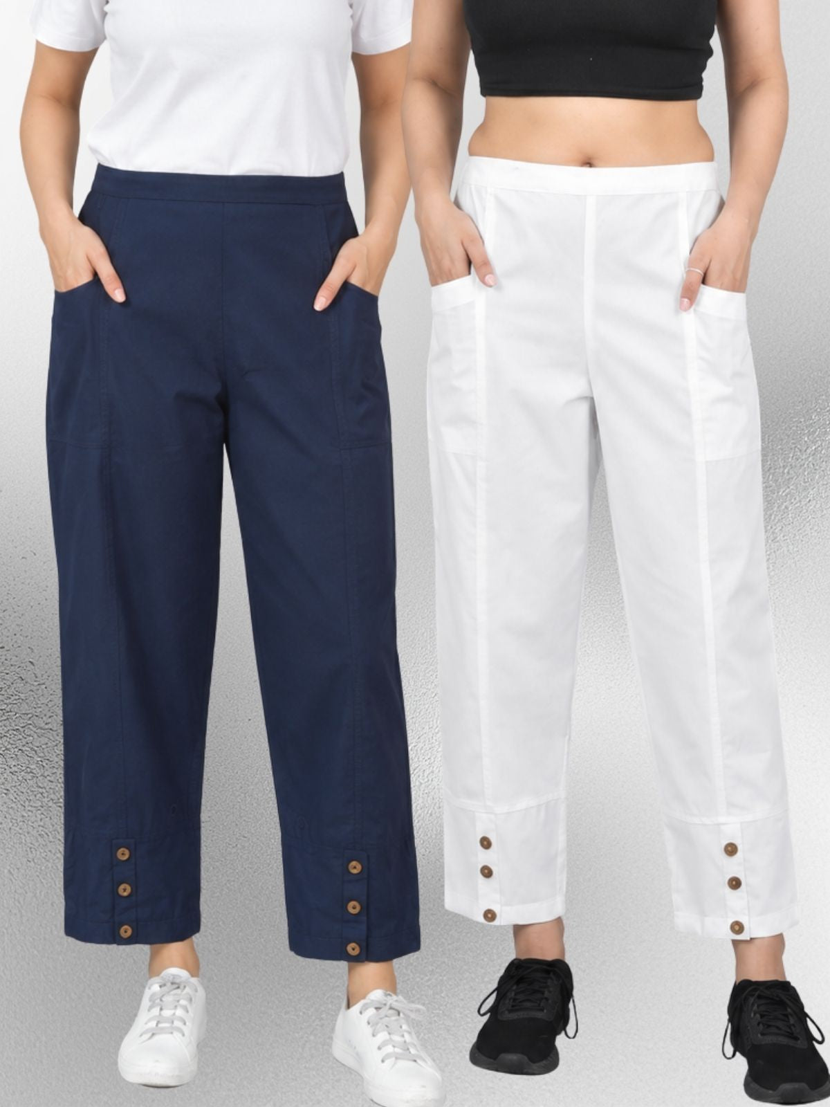 NavyBlue & White Cotton Straight Cargo Pant Combo