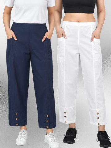 NavyBlue & White Cotton Straight Cargo Pant Combo