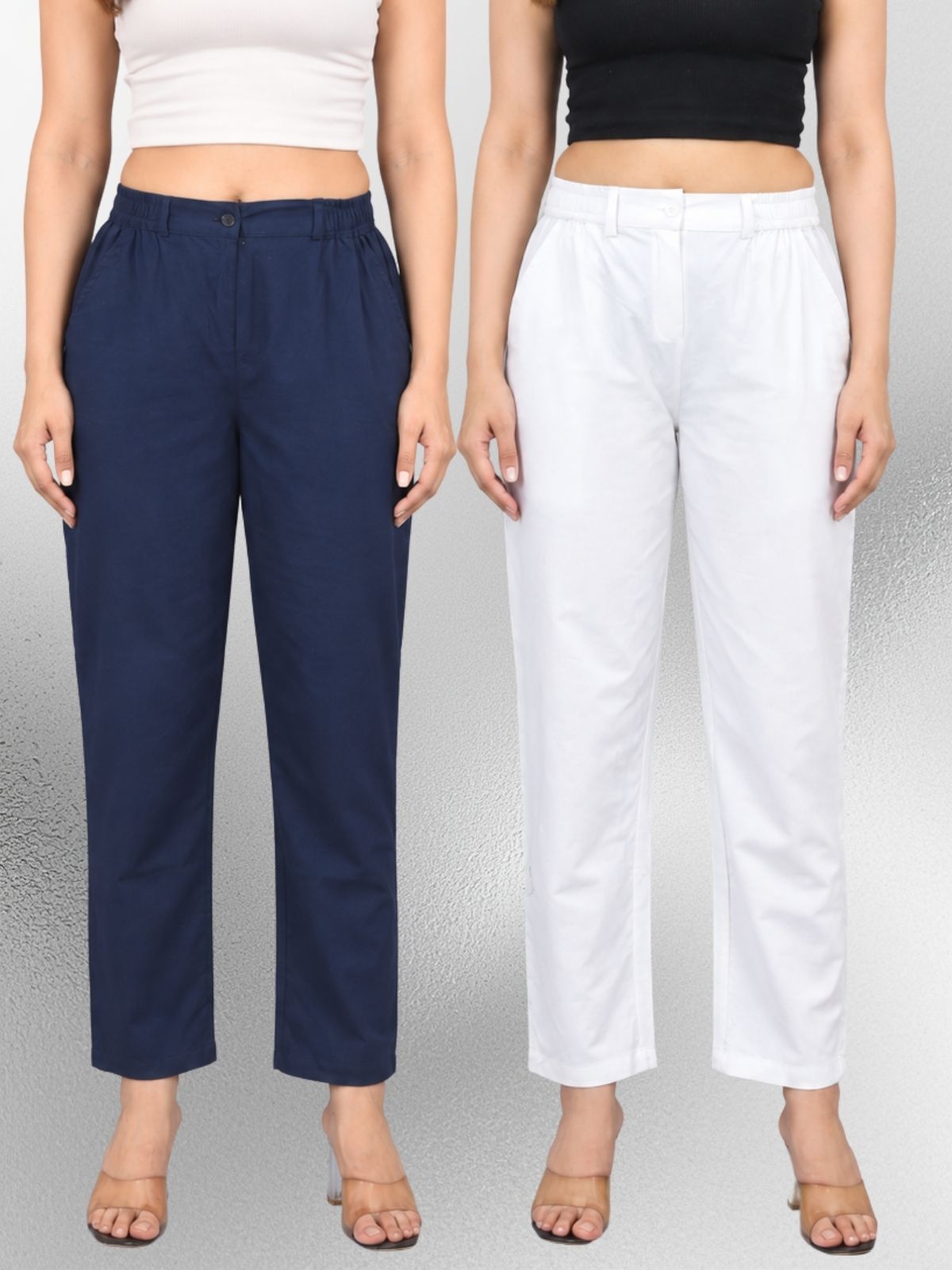 Navyblue & White-Regular Fit Cotton Formal Trouser Combo