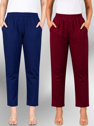 Navyblue & Wine Regular Fit Elastic Cotton Trouser Combo