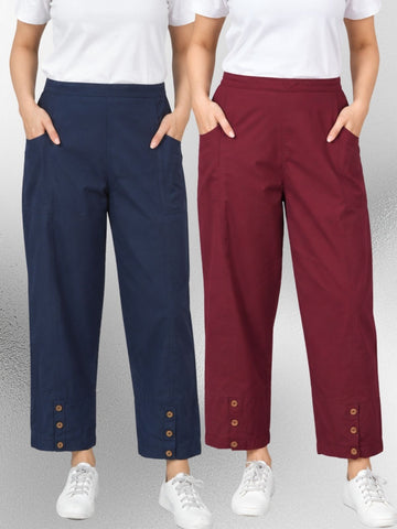 NavyBlue & Wine Cotton Straight Cargo Pant Combo