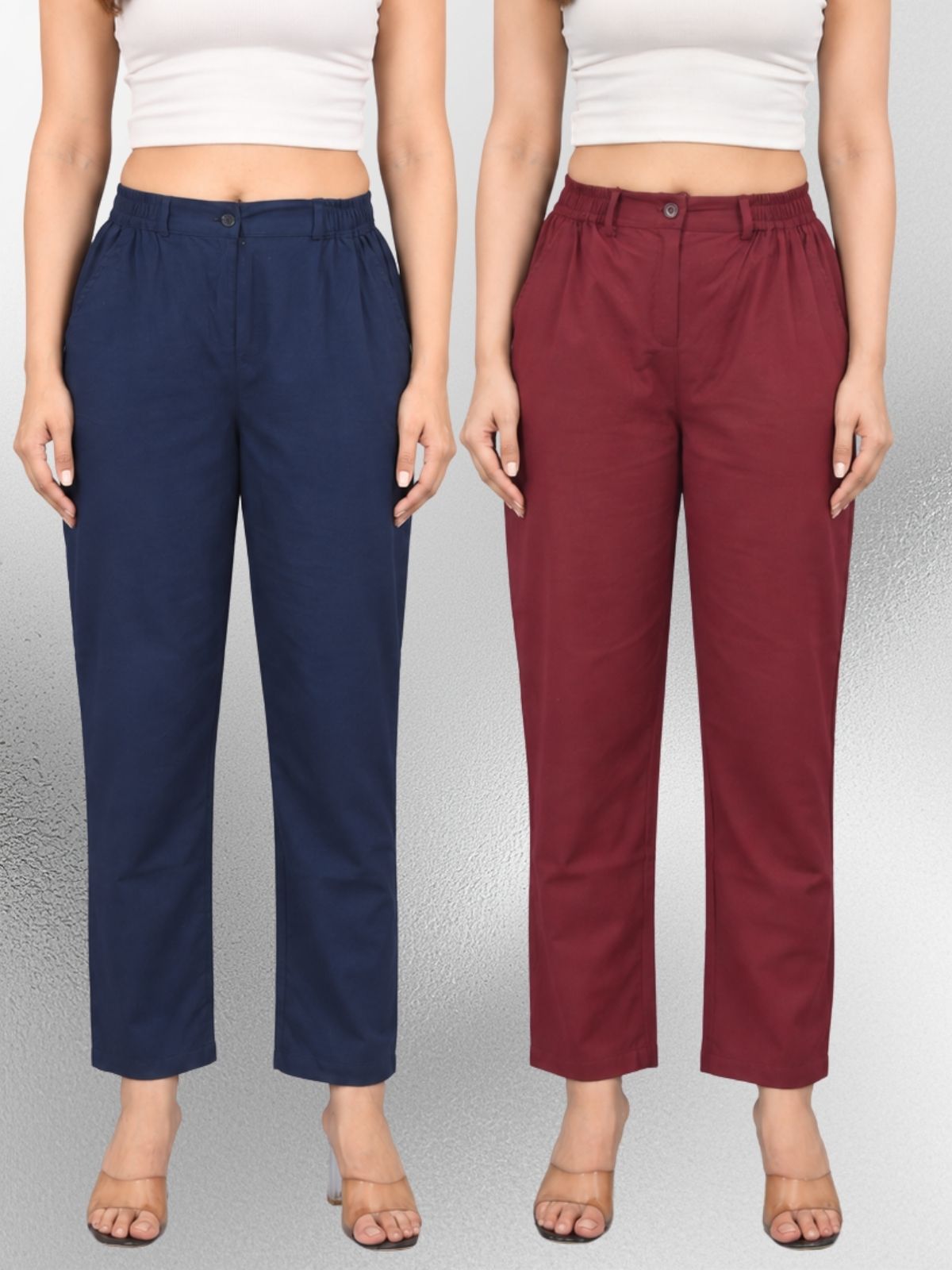 Navyblue & Wine-Regular Fit Cotton Formal Trouser Combo