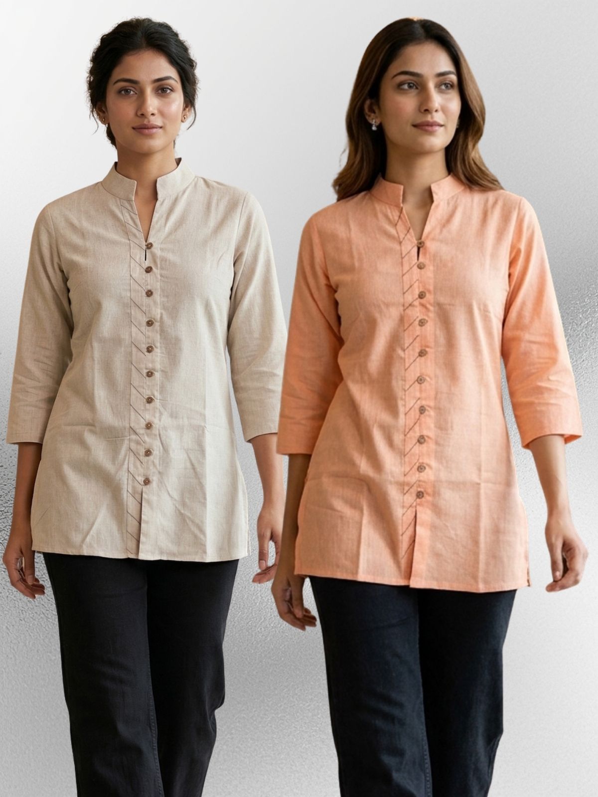 Cream & Orange Handloom Cotton Front-Slit Short Kurti Combo