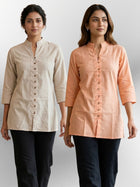 Cream & Orange Handloom Cotton Front-Slit Short Kurti Combo
