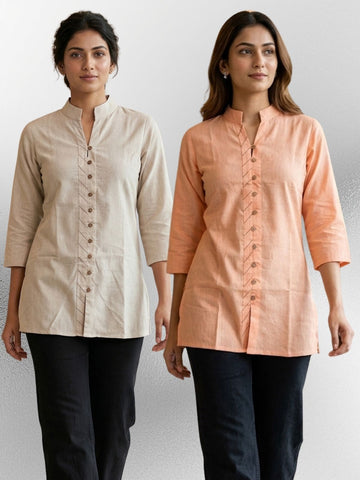 Cream & Orange Handloom Cotton Front-Slit Short Kurti Combo