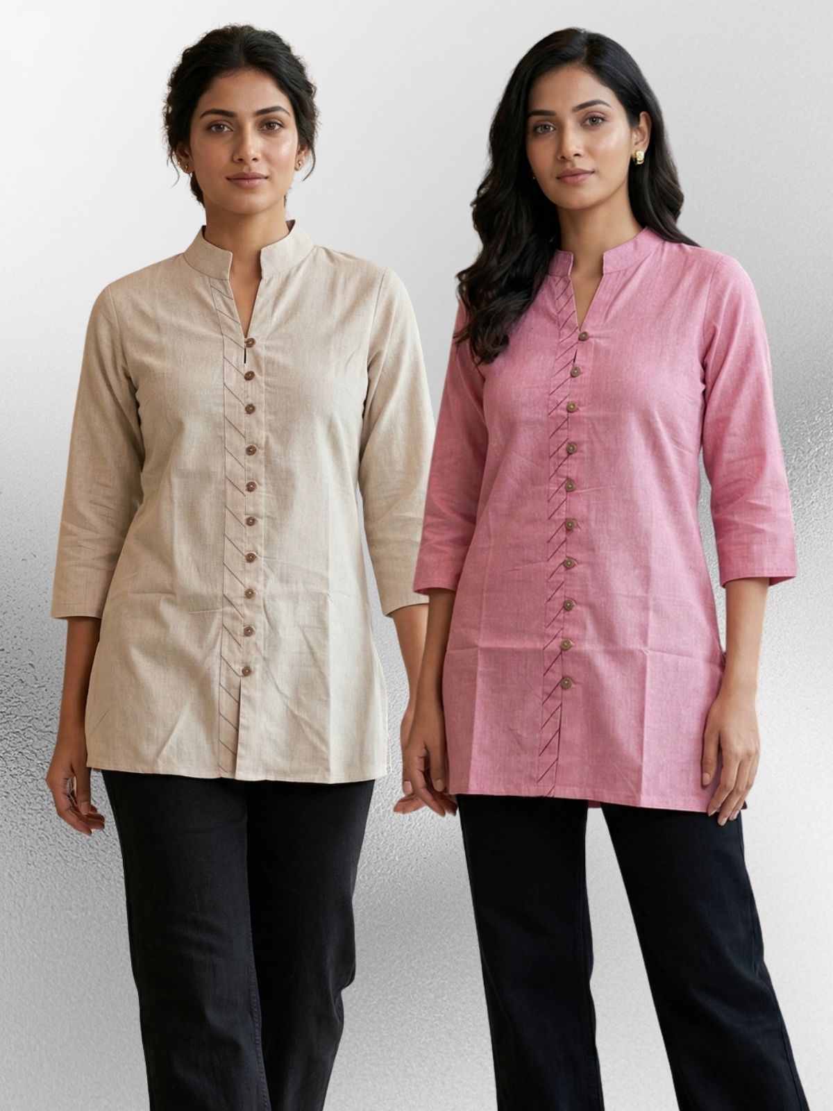 Cream & Pink Handloom Cotton Front-Slit Short Kurti Combo