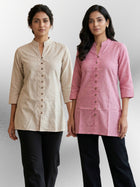Cream & Pink Handloom Cotton Front-Slit Short Kurti Combo