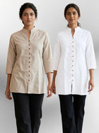 Cream & White Handloom Cotton Front-Slit Short Kurti Combo