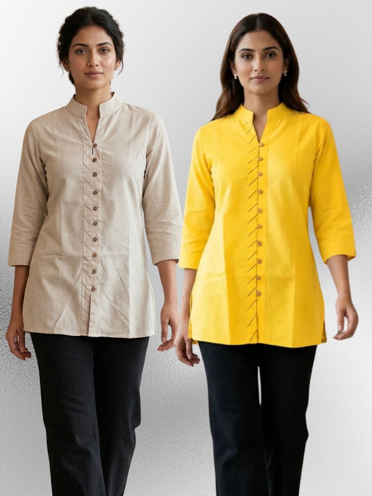 Cream & Yellow Handloom Cotton Front-Slit Short Kurti Combo