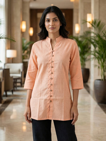 Orange Handloom Cotton Front-Slit Short Kurti