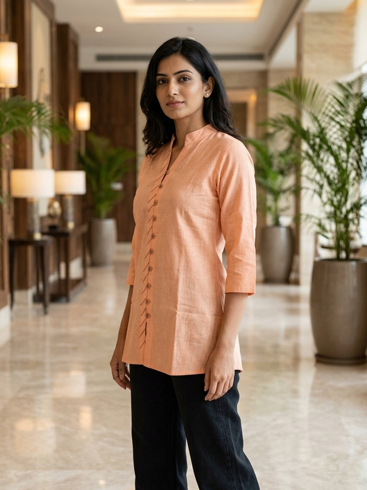 Orange Handloom Cotton Front-Slit Short Kurti