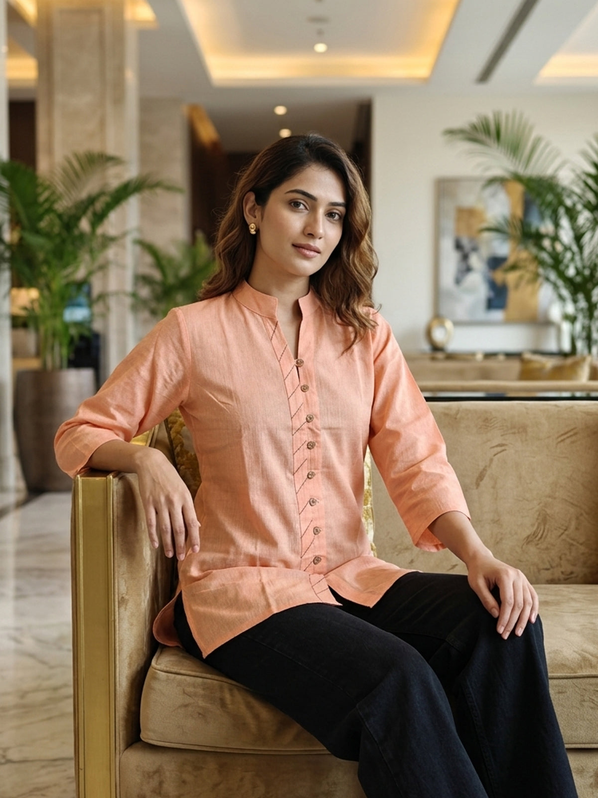 Orange Handloom Cotton Front-Slit Short Kurti