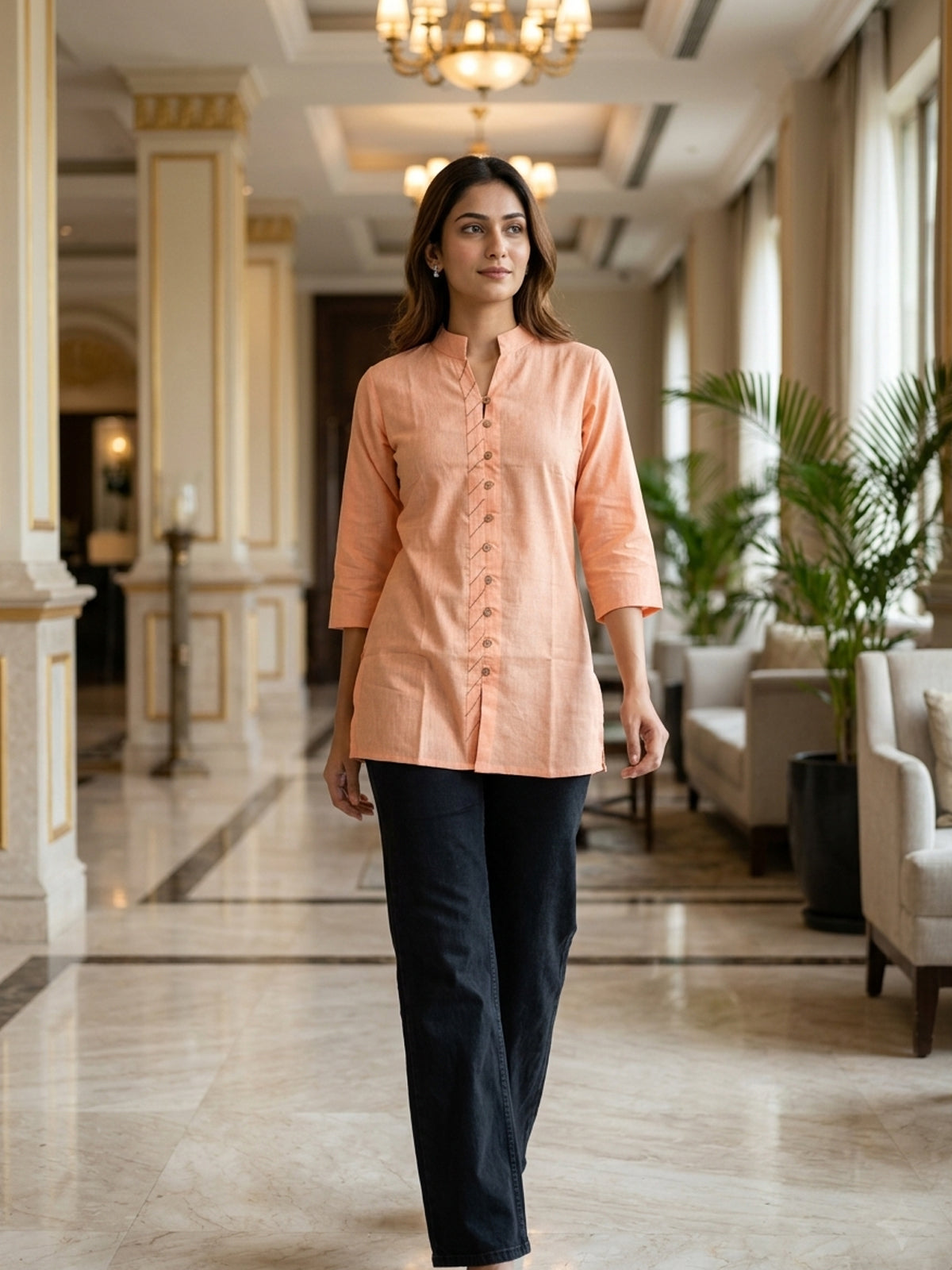 Orange Handloom Cotton Front-Slit Short Kurti