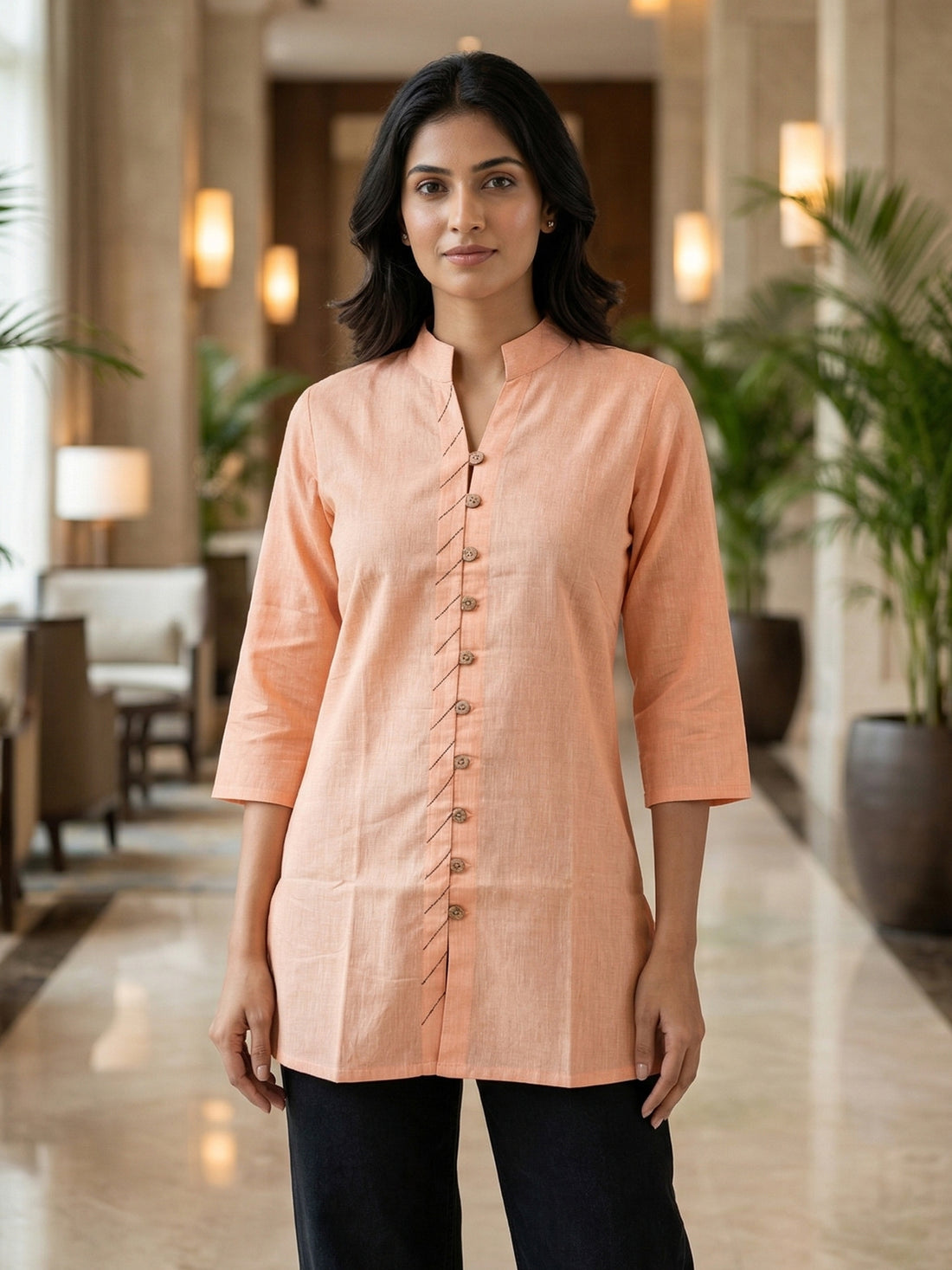Orange & White Handloom Cotton Front-Slit Short Kurti Combo