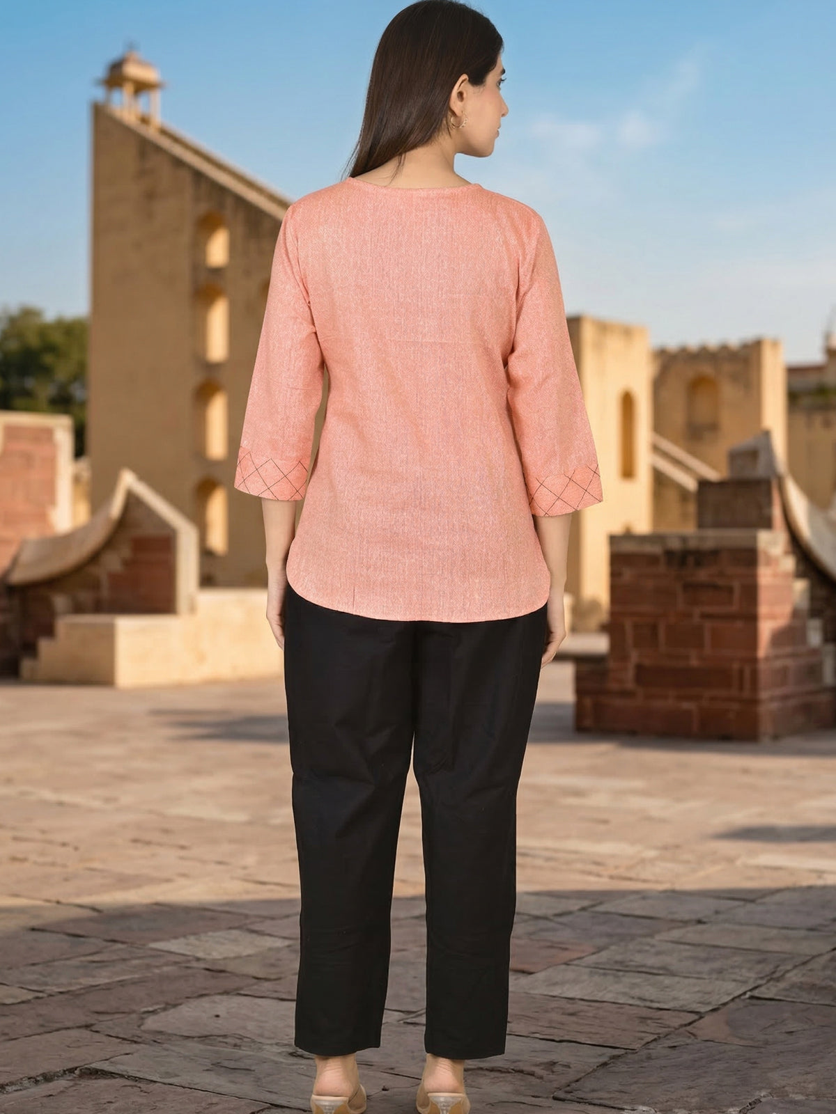 Orange Handloom Cotton Yoke Top