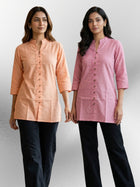 Orange & Pink Handloom Cotton Front-Slit Short Kurti Combo