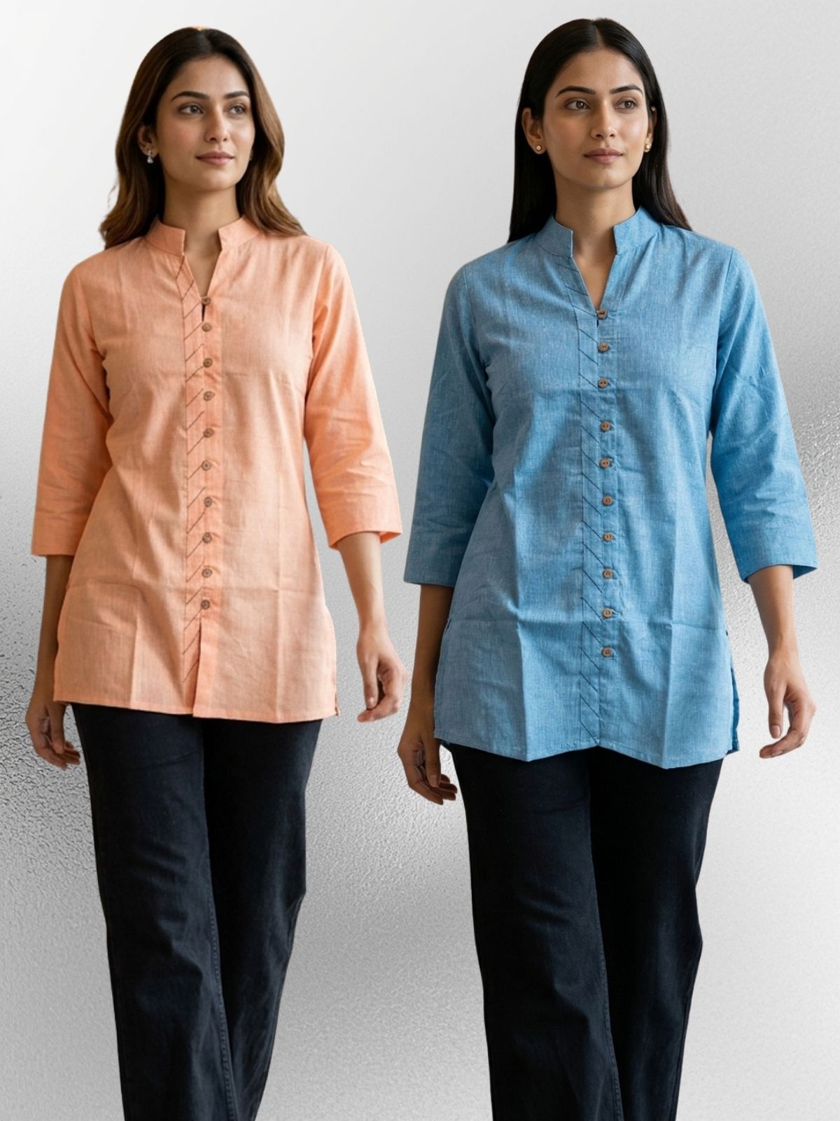 Orange & SkyBlue Handloom Cotton Front-Slit Short Kurti Combo