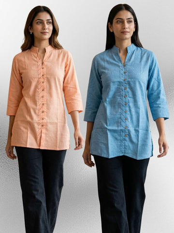 Orange & SkyBlue Handloom Cotton Front-Slit Short Kurti Combo