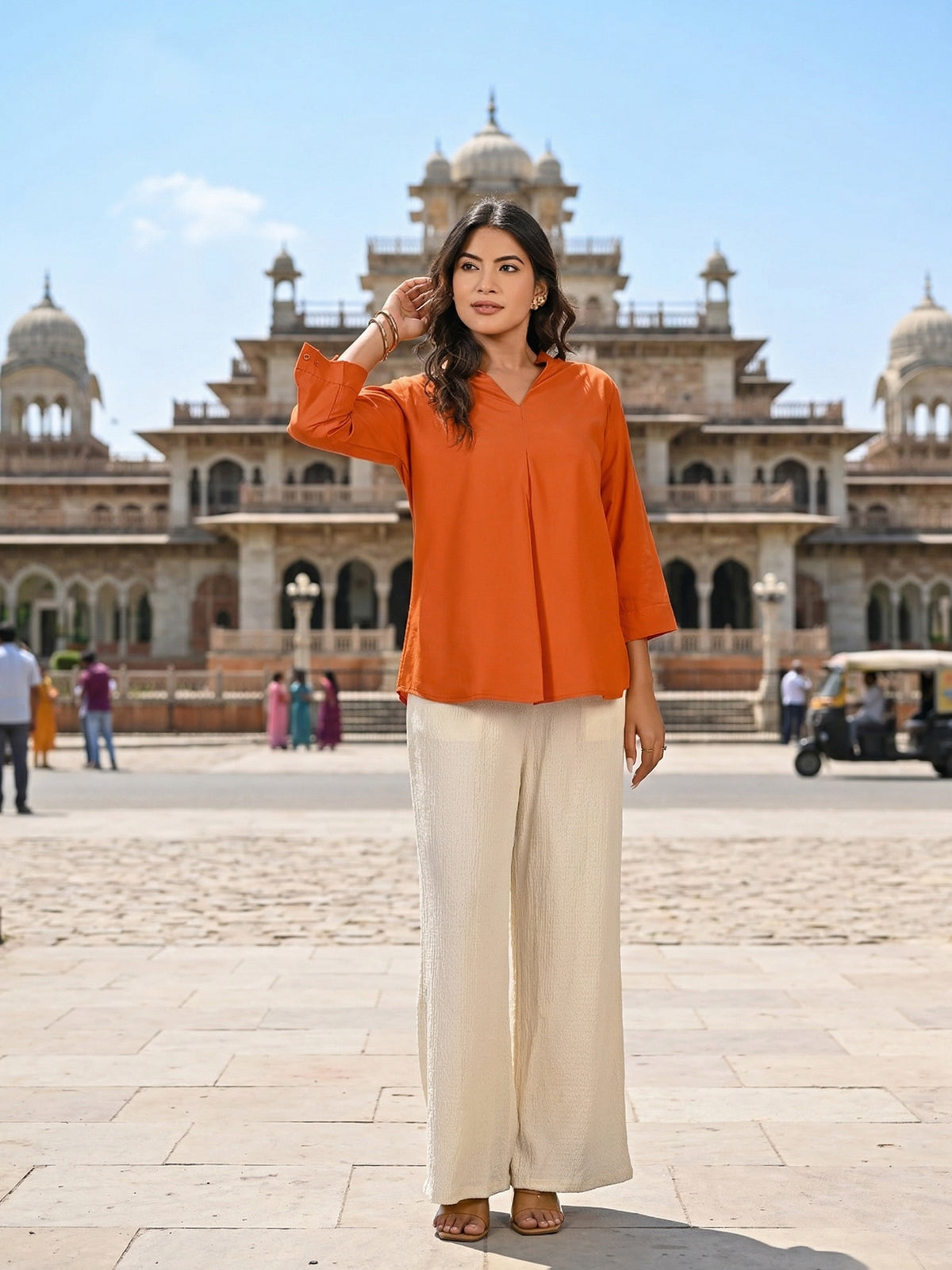 Orange Viscose Pleated Top