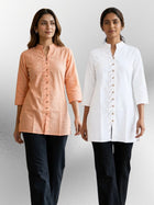 Orange & White Handloom Cotton Front-Slit Short Kurti Combo