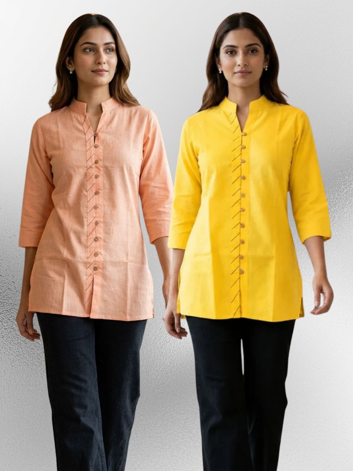 Orange & Yellow Handloom Cotton Front-Slit Short Kurti Combo
