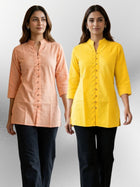 Orange & Yellow Handloom Cotton Front-Slit Short Kurti Combo