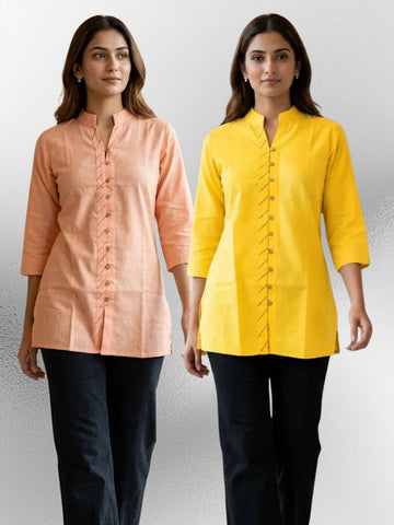 Orange & Yellow Handloom Cotton Front-Slit Short Kurti Combo