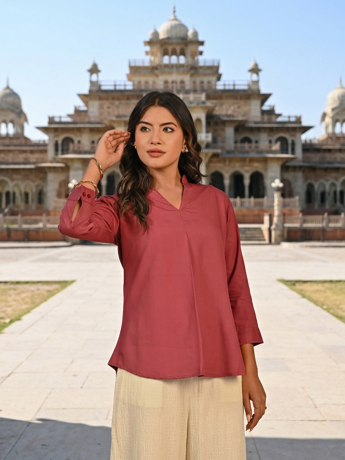 Peach Viscose Pleated Top