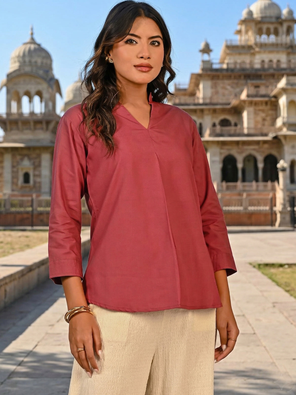 Peach Viscose Pleated Top