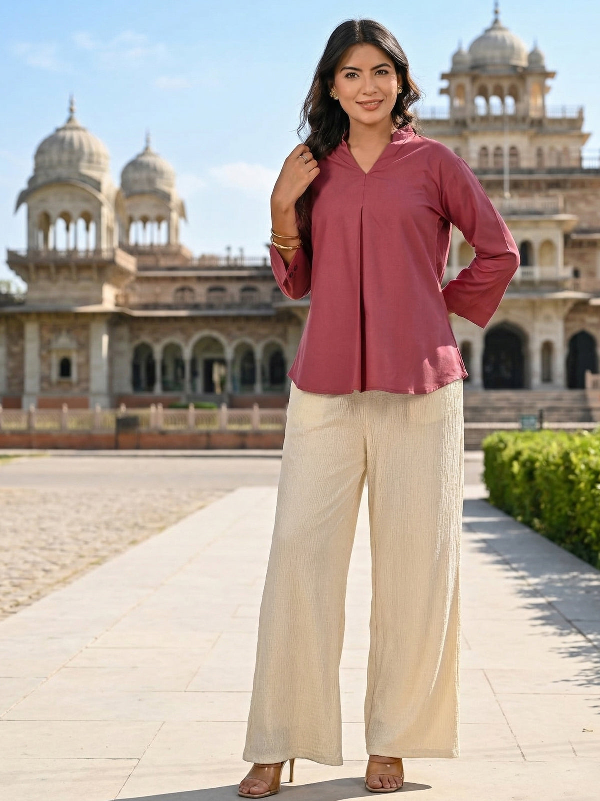 Peach Viscose Pleated Top