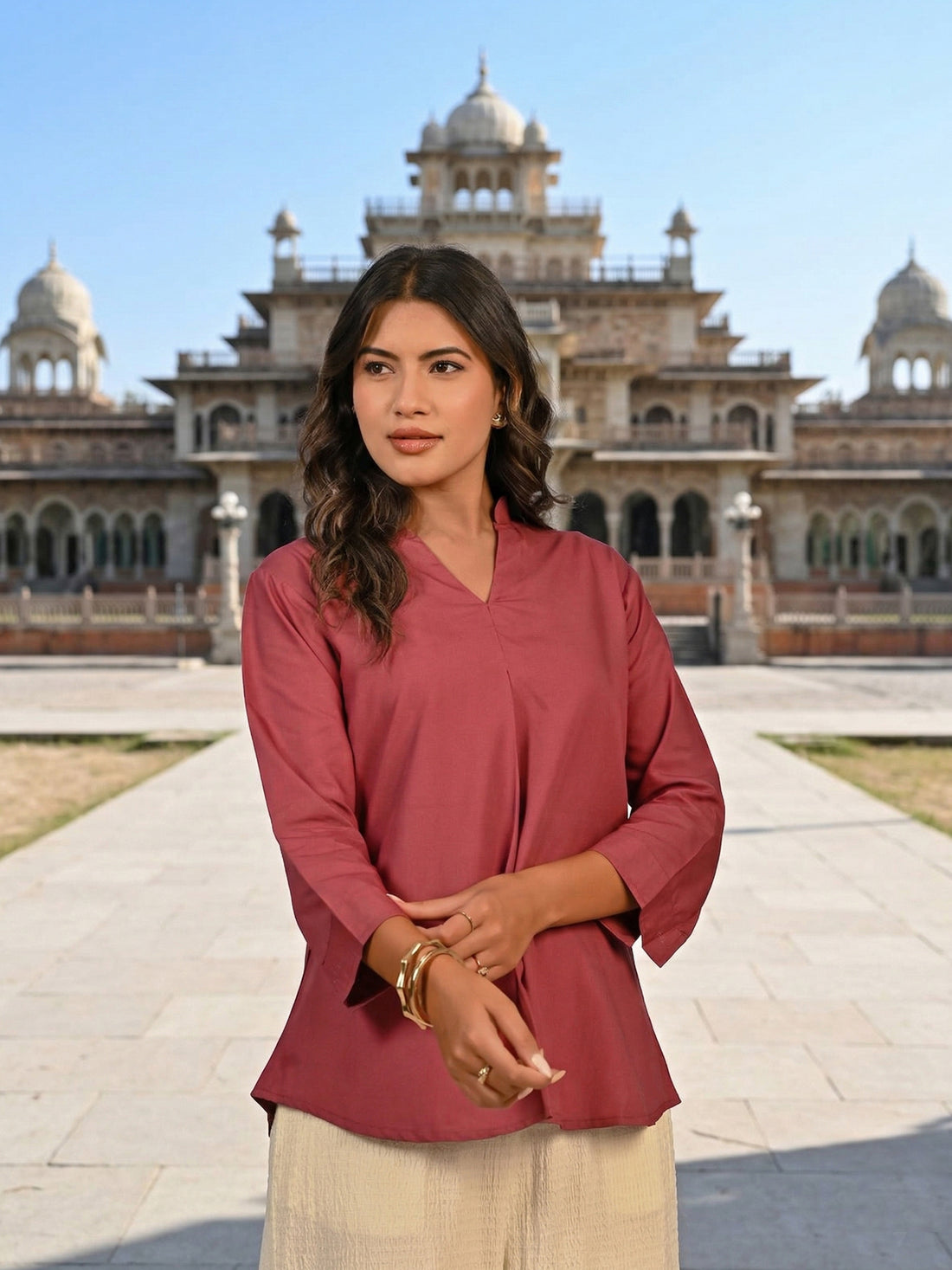 Peach Viscose Pleated Top